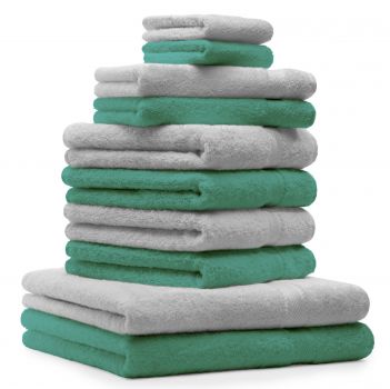 Betz 10-tlg. Handtuch-Set CLASSIC 100%Baumwolle 2 Duschtücher 4 Handtücher 2 Gästetücher 2 Seiftücher Farbe smaragdgrün und silbergrau