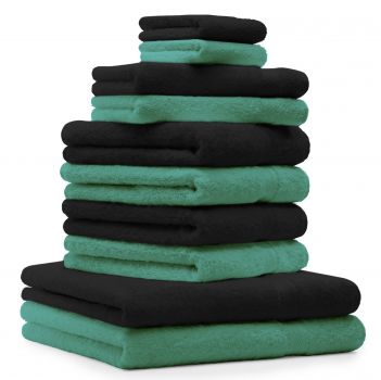 Betz Set di 10 asciugamani Classic-Premium 2 lavette 2 asciugamani per ospiti 4 asciugamani 2 asciugamani da doccia 100 % cotone colore verde smeraldo e nero
