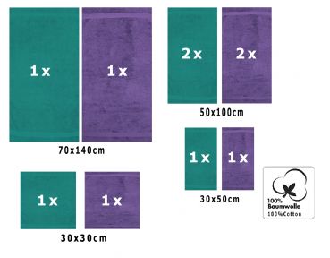 Betz 10-tlg. Handtuch-Set CLASSIC 100% Baumwolle 2 Duschtücher 4 Handtücher 2 Gästetücher 2 Seiftücher Farbe smaragdgrün und lila
