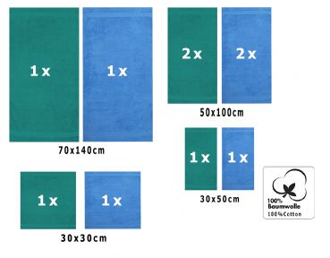 Betz 10 Piece Towel Set CLASSIC 100% Cotton 2 Face Cloths 2 Guest Towels 4 Hand Towels 2 Bath Towels Colour: emerald green & light blue