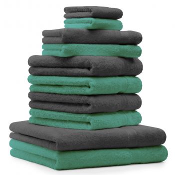 Lot de 10 serviettes "Classic" - Premium, 2 débarbouillettes, 2 serviettes d'invité, 4 serviettes de toilette, 2 serviettes de bain vert émeraude et gris anthracite
