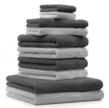 10 uds. Juego de toallas "Classic" &#8211; Premium , color:  gris antracita y gris plata , 2 toallas cara 30x30, 2 toallas de invitados 30x50, 4 toallas de 50x100, 2 toallas de baño 70x140 cm