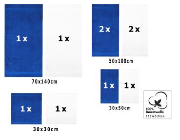 10 uds. Juego de toallas Classic-Premium , color:  azul y blanco , 2 toallas cara 30x30, 2 toallas de invitados 30x50, 4 toallas de 50x100, 2 toallas de baño 70x140 cm