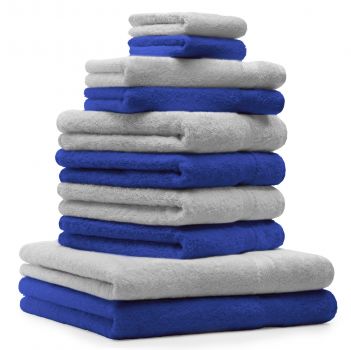 10 uds. Juego de toallas "Classic" – Premium , color:  azul y gris plata, 2 toallas cara 30x30, 2 toallas de invitados 30x50, 4 toallas de 50x100, 2 toallas de baño 70x140 cm