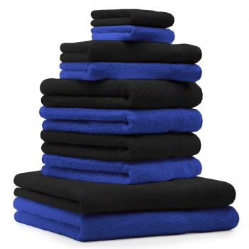 10 uds. Juego de toallas "Classic" – Premium , color:  azul y negro , 2 toallas cara 30x30, 2 toallas de invitados 30x50, 4 toallas de 50x100, 2 toallas de baño 70x140 cm