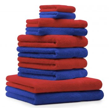 10 uds. Juego de toallas "Classic" &#8211; Premium , color:  azul y rojo , 2 toallas cara 30x30, 2 toallas de invitados 30x50, 4 toallas de 50x100, 2 toallas de baño 70x140 cm