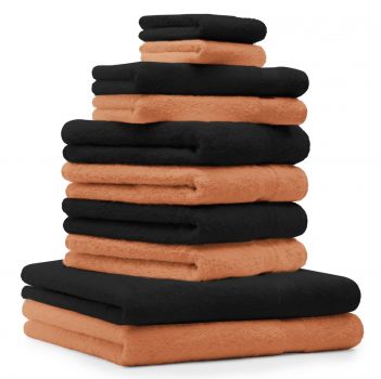 10 uds. Juego de toallas "Classic" – Premium , color:  naranja  y negro , 2 toallas cara 30x30, 2 toallas de invitados 30x50, 4 toallas de 50x100, 2 toallas de baño 70x140 cm