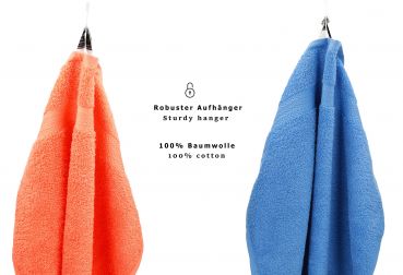 10 uds. Juego de toallas "Classic" – Premium , color: naranja  y azul claro , 2 toallas cara 30x30, 2 toallas de invitados 30x50, 4 toallas de 50x100, 2 toallas de baño 70x140 cm