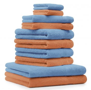 10 uds. Juego de toallas "Classic" &#8211; Premium , color: naranja  y azul claro , 2 toallas cara 30x30, 2 toallas de invitados 30x50, 4 toallas de 50x100, 2 toallas de baño 70x140 cm