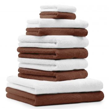Lot de 10 serviettes "Classic" - Premium, 2 débarbouillettes, 2 serviettes d'invité, 4 serviettes de toilette, 2 serviettes de bain marron noisette et blanc