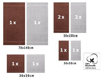 10 uds. Juego de toallas "Classic" – Premium , color: nuez y gris plata , 2 toallas cara 30x30, 2 toallas de invitados 30x50, 4 toallas de 50x100, 2 toallas de baño 70x140 cm