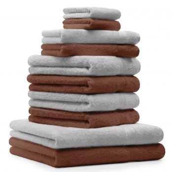 10 uds. Juego de toallas "Classic" – Premium , color: nuez y gris plata , 2 toallas cara 30x30, 2 toallas de invitados 30x50, 4 toallas de 50x100, 2 toallas de baño 70x140 cm