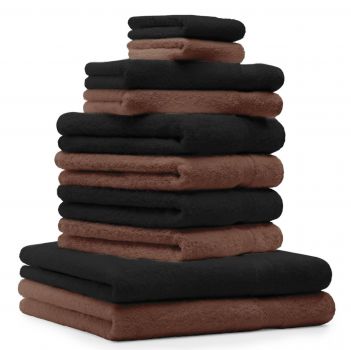 10 uds. Juego de toallas "Classic" &#8211; Premium , color: nuez y negro , 2 toallas cara 30x30, 2 toallas de invitados 30x50, 4 toallas de 50x100, 2 toallas de baño 70x140 cm