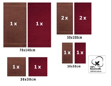 10 uds. Juego de toallas "Classic" – Premium , color: nuez y rojo oscuro , 2 toallas cara 30x30, 2 toallas de invitados 30x50, 4 toallas de 50x100, 2 toallas de baño 70x140 cm