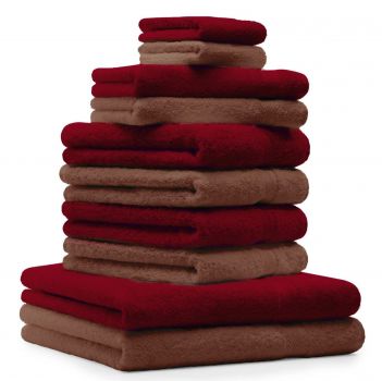 10 uds. Juego de toallas "Classic" &#8211; Premium , color: nuez y rojo oscuro , 2 toallas cara 30x30, 2 toallas de invitados 30x50, 4 toallas de 50x100, 2 toallas de baño 70x140 cm
