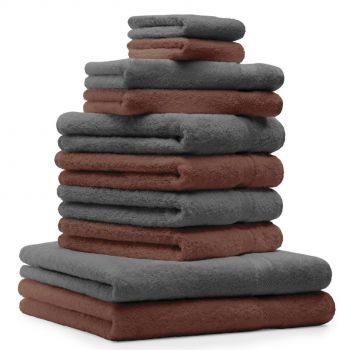 Betz 10 Piece Towel Set CLASSIC 100% Cotton 2 Face Cloths 2 Guest Towels 4 Hand Towels 2 Bath Towels Colour: anthracite grey & hazel