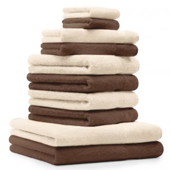 10 uds. Juego de toallas "Classic" &#8211; Premium , color: nuez y beige, 2 toallas cara 30x30, 2 toallas de invitados 30x50, 4 toallas de 50x100, 2 toallas de baño 70x140 cm
