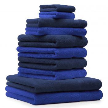 10 uds. Juego de toallas "Classic" &#8211; Premium , color: azul marino y azul , 2 toallas cara 30x30, 2 toallas de invitados 30x50, 4 toallas de 50x100, 2 toallas de baño 70x140 cm