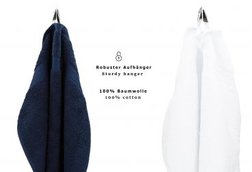 10 uds. Juego de toallas Classic-Premium , color: azul oscuro y blanco, 2 toallas cara 30x30, 2 toallas de invitados 30x50, 4 toallas de 50x100, 2 toallas de baño 70x140 cm