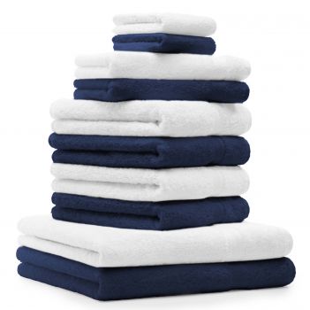 10 uds. Juego de toallas Classic-Premium , color: azul oscuro y blanco, 2 toallas cara 30x30, 2 toallas de invitados 30x50, 4 toallas de 50x100, 2 toallas de baño 70x140 cm