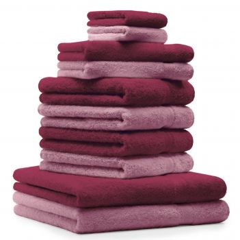 Juego de toallas PREMIUM, 10 piezas, color: rosa y rojo oscuro - 2 manoplas de baño, 2 toallas para invitados, 4 toallas de mano, 2 toallas de baño