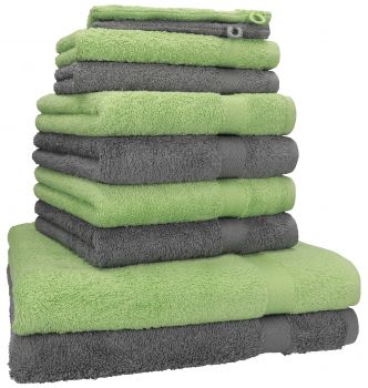 Juego de toallas PREMIUM, 10 piezas, color: gris antracita y verde manzana  - 2 manoplas de baño, 2 toallas para invitados, 4 toallas de mano, 2 toallas de baño