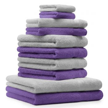 Betz 10 Piece Towel Set PREMIUM 100% Cotton 2 Wash Mitts 2 Guest Towels 4 Hand Towels 2 Bath Towels Colour: silver grey & purple