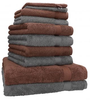 Betz Set di 10 asciugamani Premium 2 asciugamani da doccia 4 asciugamani 2 asciugamani per ospiti 2 guanti da bagno 100% cotone colore grigio antracite e marrone noce