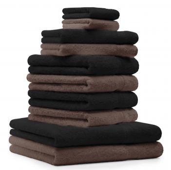 Juego de toallas PREMIUM, 10 piezas, color: negro y pardo nuez - 2 manoplas de baño, 2 toallas para invitados, 4 toallas de mano, 2 toallas de baño