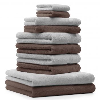 Juego de toallas PREMIUM, 10 piezas, color: gris argentado y pardo nuez - 2 manoplas de baño, 2 toallas para invitados, 4 toallas de mano, 2 toallas de baño