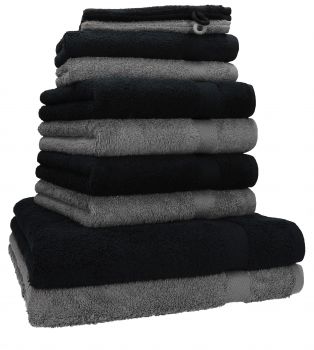Juego de toallas PREMIUM, 10 piezas, color: gris antracita y negro - 2 manoplas de baño, 2 toallas para invitados, 4 toallas de mano, 2 toallas de baño