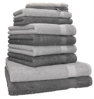 Betz 10 Piece Towel Set PREMIUM 100% Cotton 2 Wash Mitts 2 Guest Towels 4 Hand Towels 2 Bath Towels Colour: anthracite grey & silver grey