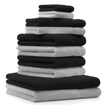 Betz Lot de 10 serviettes set de 2 serviettes de bain 4 serviettes de toilette 2 serviettes d'invité et 2 gants de toilette 100% Coton Premium couleur gris argenté, noir