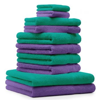 Betz 10 Piece Towel Set PREMIUM 100% Cotton 2 Wash Mitts 2 Guest Towels 4 Hand Towels 2 Bath Towels Colour: emerald green & purple