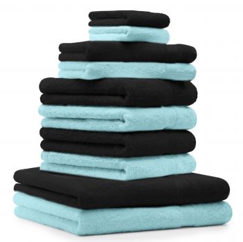 Betz 10 Piece Towel Set PREMIUM 100% Cotton 2 Wash Mitts 2 Guest Towels 4 Hand Towels 2 Bath Towels Colour: black & turquoise
