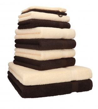 Juego de toallas PREMIUM, 10 piezas, color: marrón oscuro y beige - 2 manoplas de baño, 2 toallas para invitados, 4 toallas de mano, 2 toallas de baño