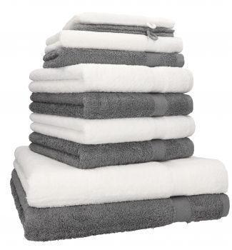 Betz 10-tlg. Handtuch-Set PREMIUM 100%Baumwolle 2 Duschtücher 4 Handtücher 2 Gästetücher 2 Waschhandschuhe Farbe Anthrazit Grau & Weiß