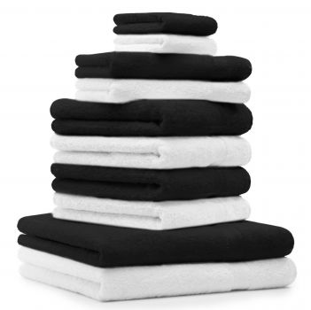 Betz 10-tlg. Handtuch-Set PREMIUM 100%Baumwolle 2 Duschtücher 4 Handtücher 2 Gästetücher 2 Waschhandschuhe Farbe Schwarz & Weiß