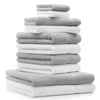 Juego de toallas PREMIUM, 10 piezas, color: gris argentado y blanco - 2 manoplas de baño, 2 toallas para invitados, 4 toallas de mano, 2 toallas de baño
