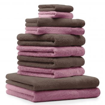 Juego de toallas PREMIUM, 10 piezas, color: pardo nuez y rosa - 2 manoplas de baño, 2 toallas para invitados, 4 toallas de mano, 2 toallas de baño
