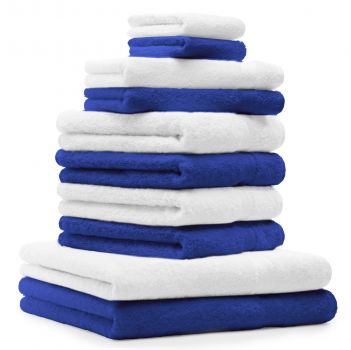 Juego de toallas PREMIUM, 10 piezas, color: blanco y azul real - 2 manoplas de baño, 2 toallas para invitados, 4 toallas de mano, 2 toallas de baño