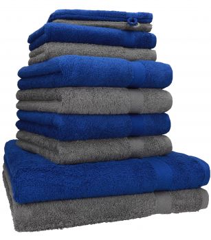 Betz 10-tlg. Handtuch-Set PREMIUM 100%Baumwolle 2 Duschtücher 4 Handtücher 2 Gästetücher 2 Waschhandschuhe Premium Farbe Royal Blau & Anthrazit Grau