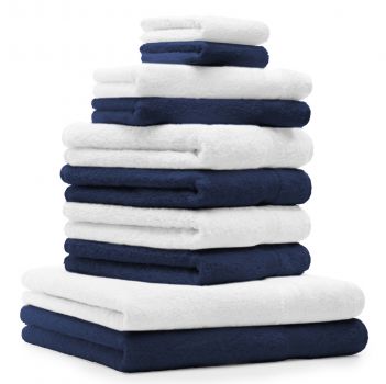 Juego de toalla "PREMIUM" de diez piezas, color: azul oscuro y blanco, calidad 470g/m², 2 toallas de baño (70x140cm), 4 toallas (50x100cm), 2 toallas de visitas (30x50cm), 2 manoplas de baño (17x21cm)