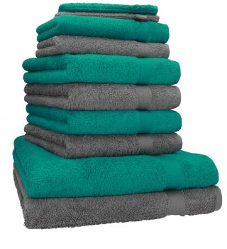 Betz 10 Piece Towel Set PREMIUM 100% Cotton 2 Wash Mitts 2 Guest Towels 4 Hand Towels 2 Bath Towels Colour: emerald green & anthracite grey