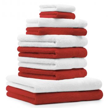 Betz Set di 10 asciugamani Premium 2 asciugamani da doccia 4 asciugamani 2 asciugamani per ospiti 2 guanti da bagno 100% cotone colore rosso e bianco