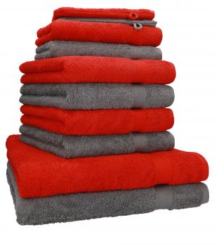 Juego de toalla "PREMIUM" de diez piezas, color: rojo y gris antracita, calidad 470g/m², 2 toallas de baño (70x140cm), 4 toallas (50x100cm), 2 toallas de visitas (30x50cm), 2 manoplas de baño (17x21cm)