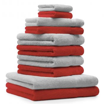 Juego de toalla "PREMIUM" de diez piezas, color: rojo y gris argentado, calidad 470g/m², 2 toallas de baño (70x140cm), 4 toallas (50x100cm), 2 toallas de visitas (30x50cm), 2 manoplas de baño (17x21cm)