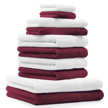 Betz Set di 10 asciugamani Premium 2 asciugamani da doccia 4 asciugamani 2 asciugamani per ospiti 2 guanti da bagno 100% cotone colore rosso scuro e bianco