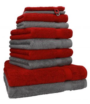 Juego de toalla "PREMIUM" de diez piezas, color: rojo oscuro y gris antracita, calidad 470g/m², 2 toallas de baño (70x140cm), 4 toallas (50x100cm), 2 toallas de visitas (30x50cm), 2 manoplas de baño (17x21cm)
