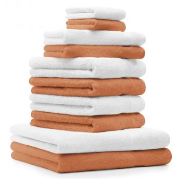 Betz 10-tlg. Handtuch-Set PREMIUM 100%Baumwolle 2 Duschtücher 4 Handtücher 2 Gästetücher 2 Waschhandschuhe Farbe Orange & Weiß